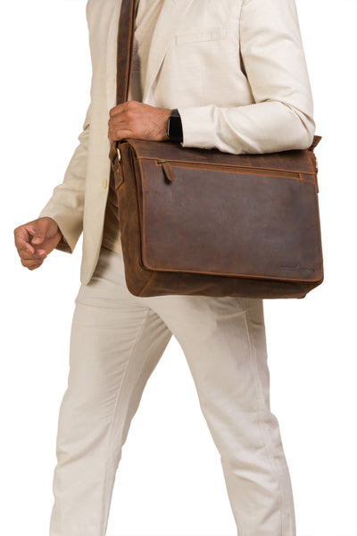 Greenwood Leather Richard Laptop Bag – Waxed Pull-Up Leather Messenger for 16” Laptop