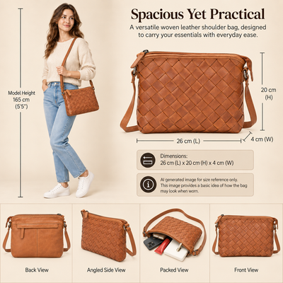 Mila – Diamond Weave Leather Crossbody Bag (Cognac)