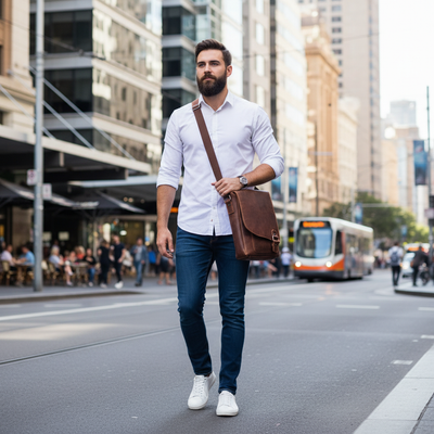 Corrected lifestyle image of Greenwood Leather Shoulder Bag in Sydney