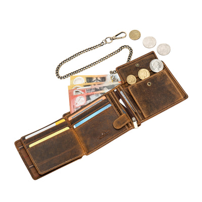 The Outlaw Biker Wallet with Chain — Vintage Hunter Leather Trifold Wallet