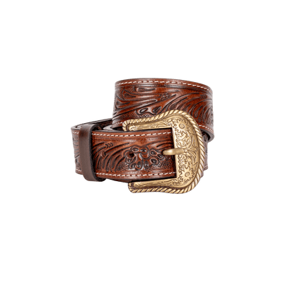 Embossed Leather Belt - Dark Brown - With Western Style Buckle - Greenwood Leather