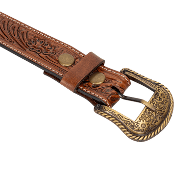 Embossed Leather Belt - Light Brown - With Western Style Buckle - Greenwood Leather