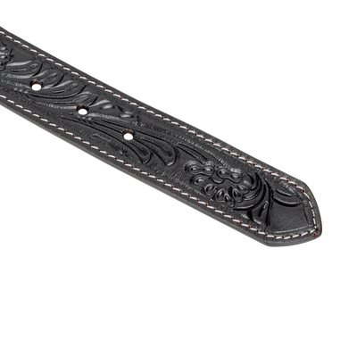 Embossed Leather Belt - Black - With Western Style Buckle - Greenwood Leather