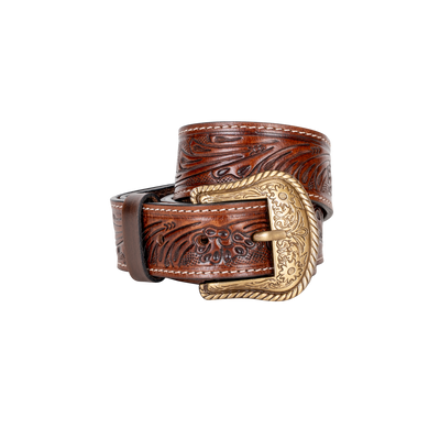Embossed Leather Belt - Dark Brown - With Western Style Buckle - Greenwood Leather