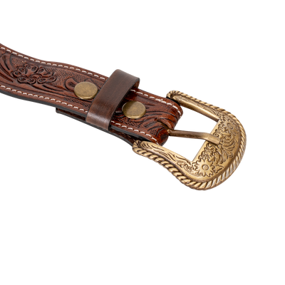 Embossed Leather Belt - Dark Brown - With Western Style Buckle - Greenwood Leather