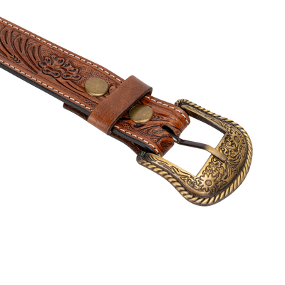 Embossed Leather Belt - Light Brown - With Western Style Buckle - Greenwood Leather