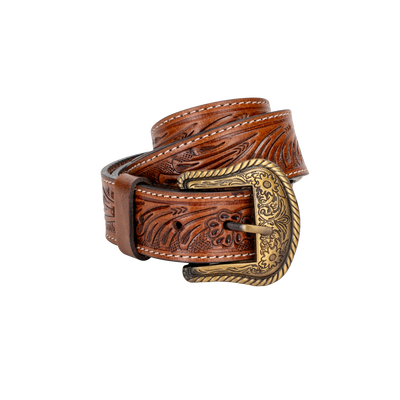 Embossed Leather Belt - Light Brown - With Western Style Buckle - Greenwood Leather