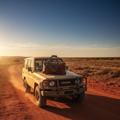 Lifestyle image of Leather Travel Bag in Australian outback
