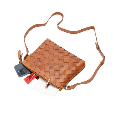 Mila – Diamond Weave Leather Crossbody Bag (Cognac)