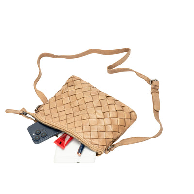 Mila – Diamond Weave Leather Crossbody Bag (Beige)