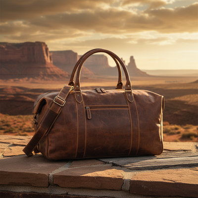 Premium leather duffle bag in western landscape