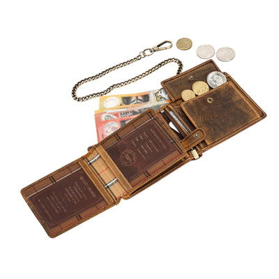 The Outlaw Biker Wallet with Chain — Vintage Hunter Leather Trifold Wallet - Greenwood Leather