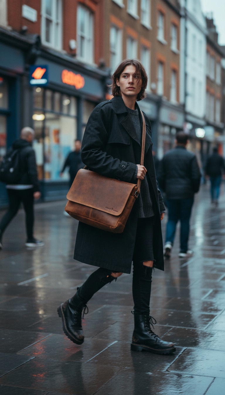 Person walking on a city street with a brown leather bag