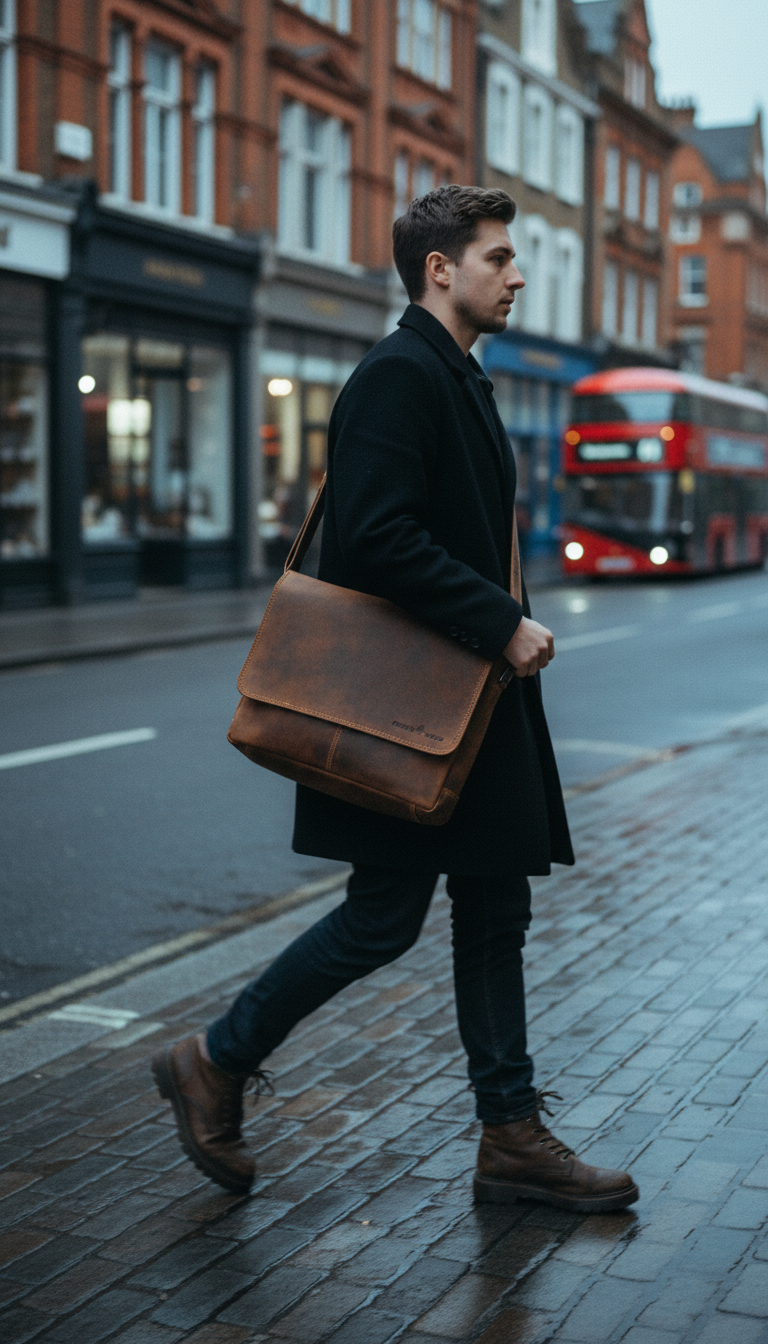 Man walking on a city street with a brown leather bag, red bus in the background