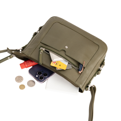 Harper Compact Leather Crossbody Bag – Olive Green