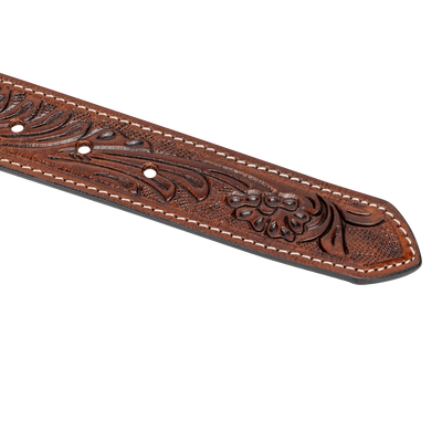 Embossed Leather Belt - Dark Brown - With Western Style Buckle