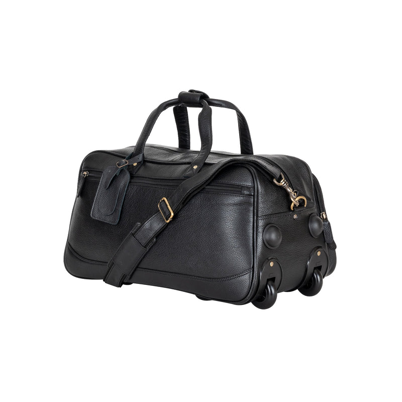 Atlas Black Leather Trolley Bag – Premium Travel Duffel with Wheels - Greenwood Leather