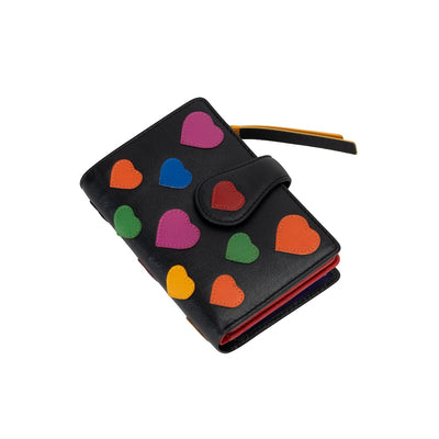 Greenwood Leather “Hearts Delight” Women’s RFID Leather Wallet – Multicolor Heart Design | Compact Zip Wallet