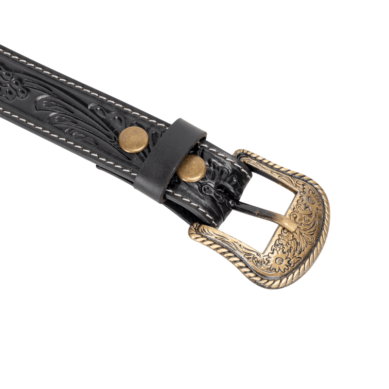 Embossed Leather Belt - Black - With Western Style Buckle - Greenwood Leather