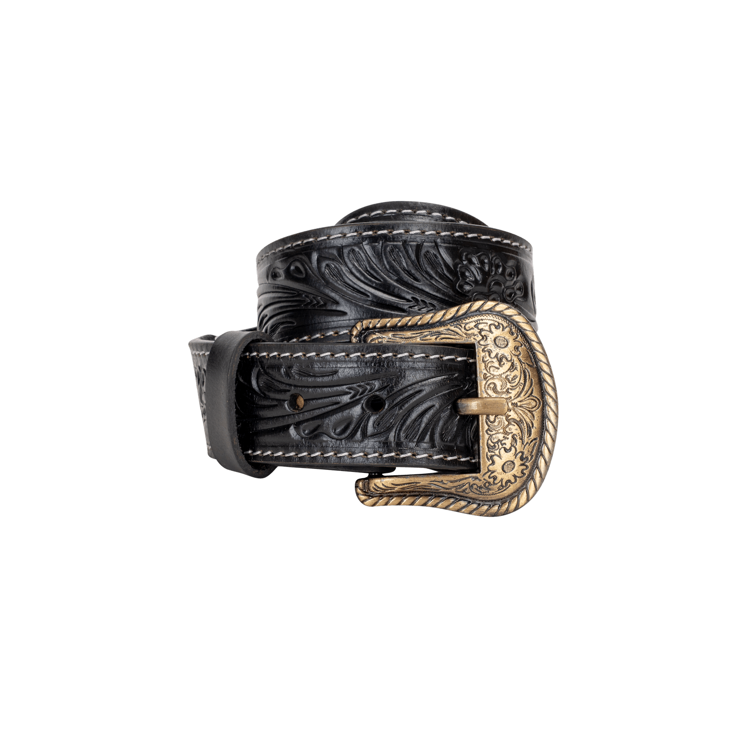 Embossed Leather Belt - Black - With Western Style Buckle