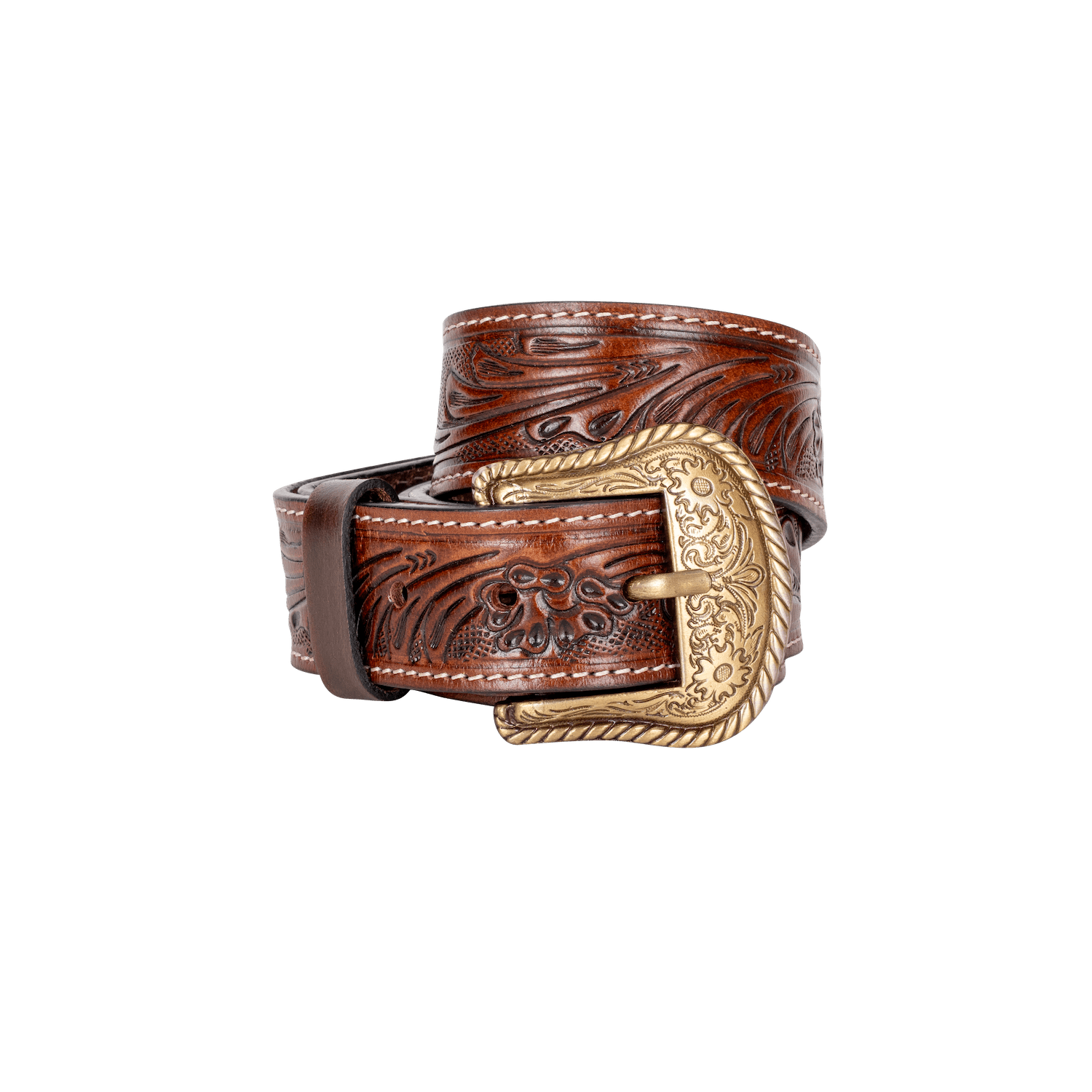 Embossed Leather Belt - Dark Brown - With Western Style Buckle - Greenwood Leather
