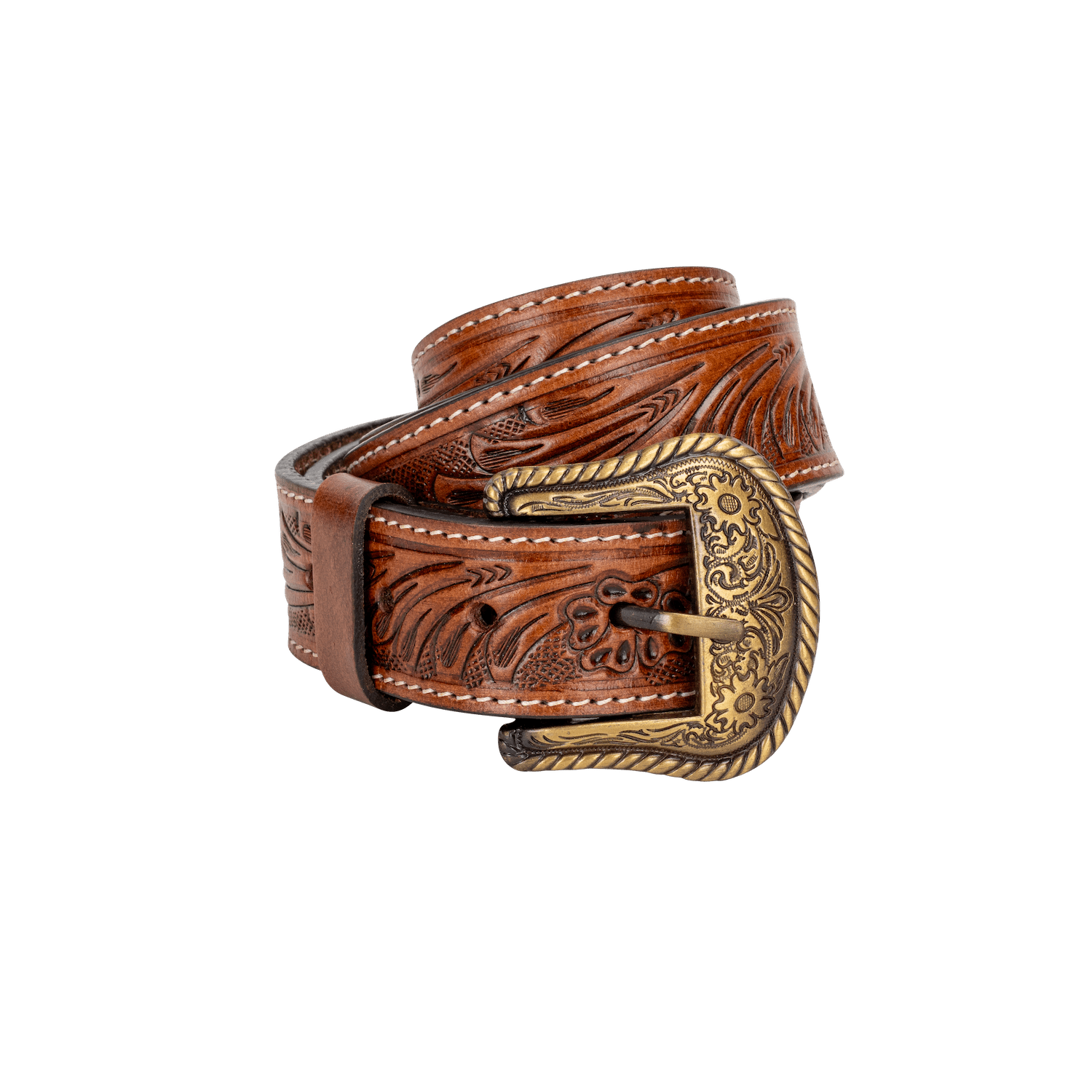 Embossed Leather Belt - Light Brown - With Western Style Buckle - Greenwood Leather