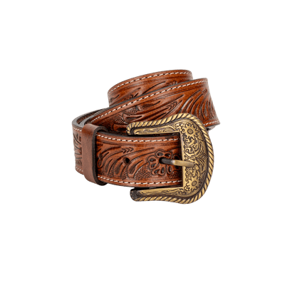 Embossed Leather Belt - Light Brown - With Western Style Buckle - Greenwood Leather