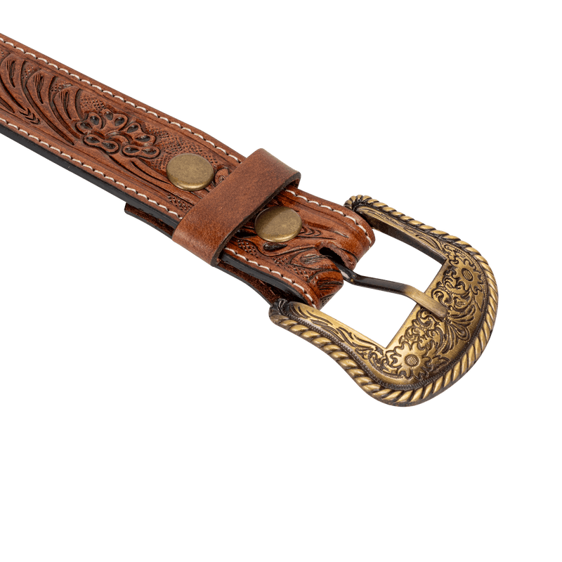 Embossed Leather Belt - Light Brown - With Western Style Buckle - Greenwood Leather