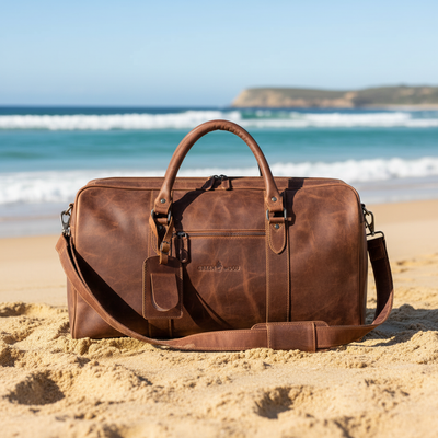Front-facing lifestyle image of Wilson Leather Weekender Bag at Australian beach