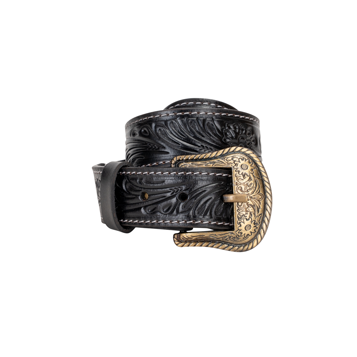 Embossed Leather Belt - Black - With Western Style Buckle - Greenwood Leather