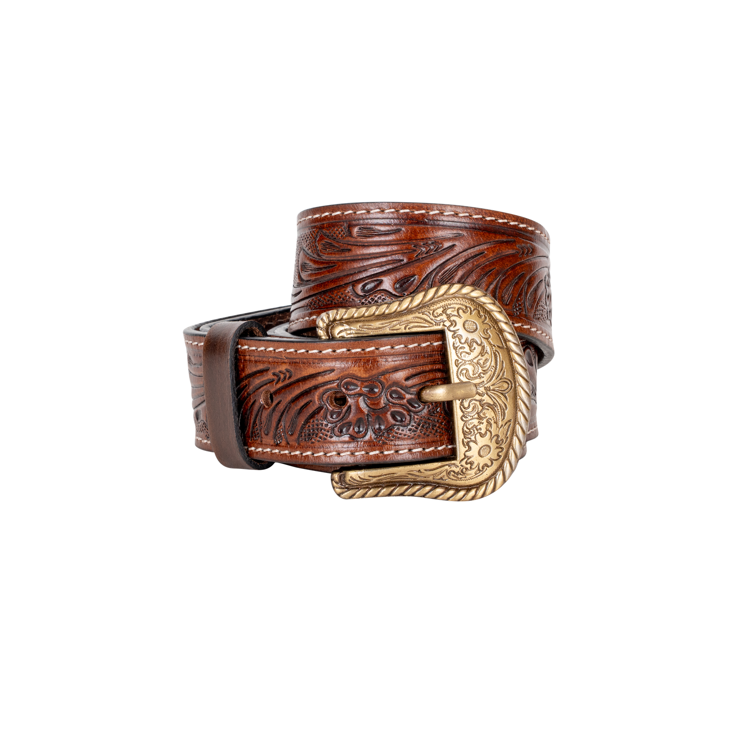 Embossed Leather Belt - Dark Brown - With Western Style Buckle - Greenwood Leather