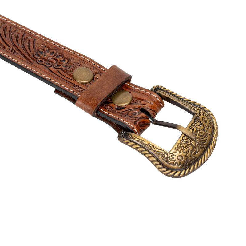 Embossed Leather Belt - Light Brown - With Western Style Buckle - Greenwood Leather
