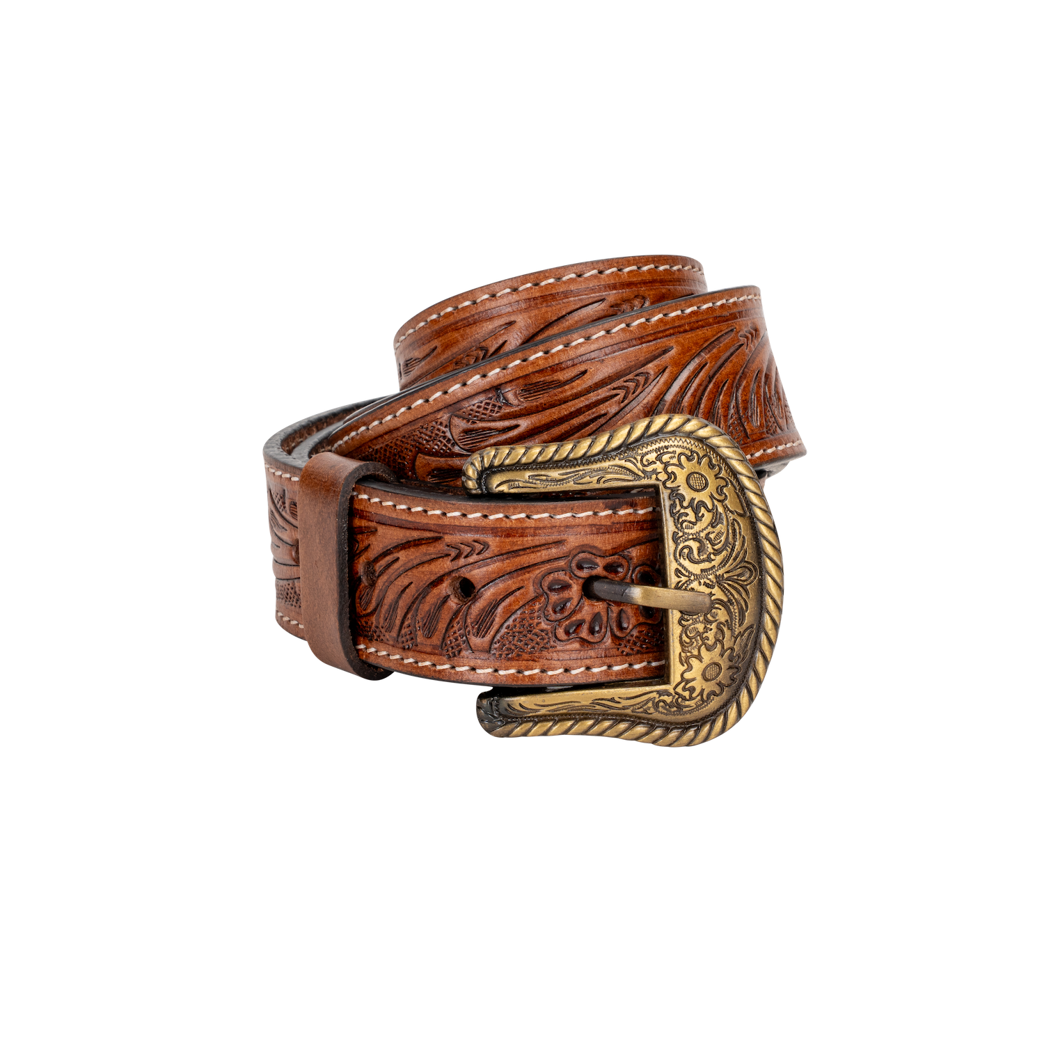 Embossed Leather Belt - Light Brown - With Western Style Buckle - Greenwood Leather
