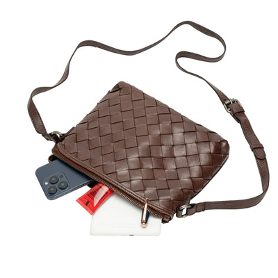 Mila – Diamond Weave Leather Crossbody Bag (Dark Brown) - Greenwood Leather