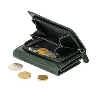 The Harvest — Women's Bottle Green Leather Bifold Wallet with Zip Coin Purse & RFID Protection - Greenwood Leather