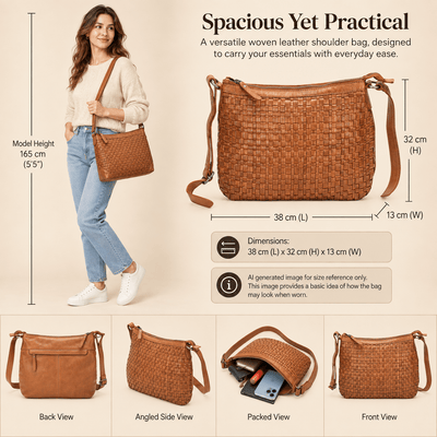 The Winslow Shoulder Bag — Vintage Woven Leather Crossbody (Cognac) - Greenwood Leather